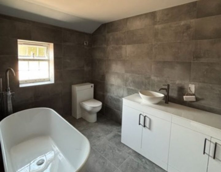 Finished bathroom with bath vanity and basin