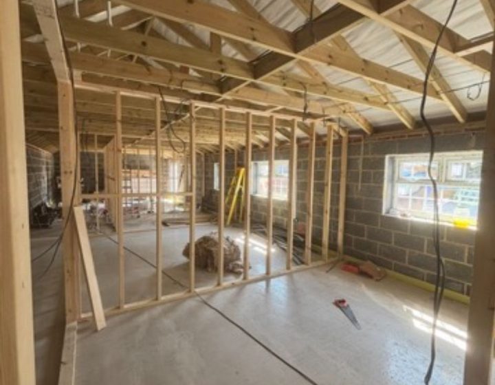 Timber frame interior during renovation